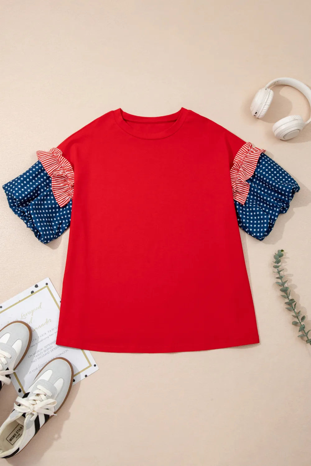 Womens Plus Top - Ruffle Quilt Sleeves