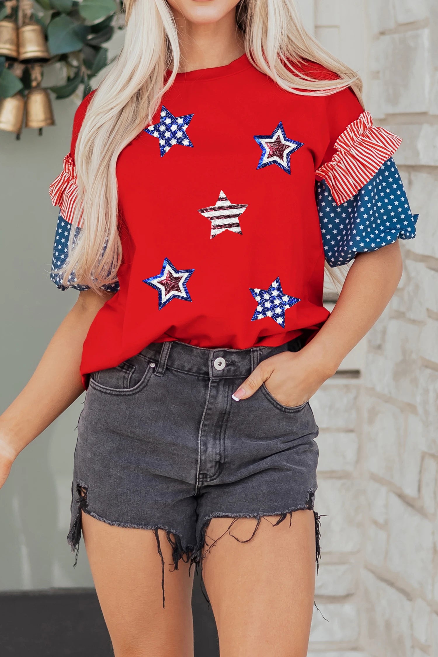 Womens Patriotic Top - Sequin Stars & Ruffle Quilt Sleeves