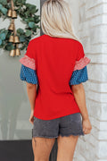 Womens Patriotic Top - Sequin Stars & Ruffle Quilt Sleeves